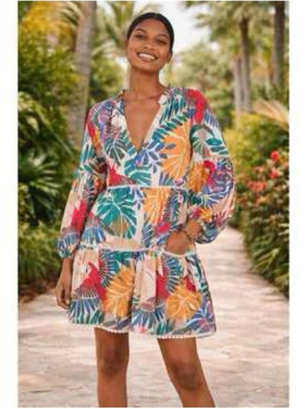 Floral Tropical V-Neck Tiered Mini Dress - Multicolor